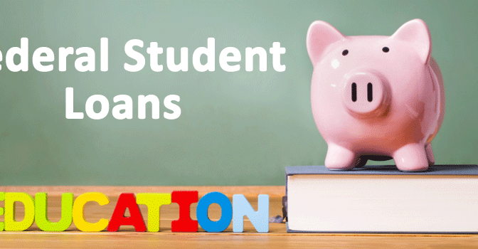 A piggy bank on a table with the words "Federal Student Loans" and "Education" next to it