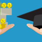 An image of a hand holding out dollars, and the other hand holding out a graduation cap