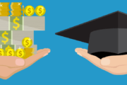 An image of a hand holding out dollars, and the other hand holding out a graduation cap