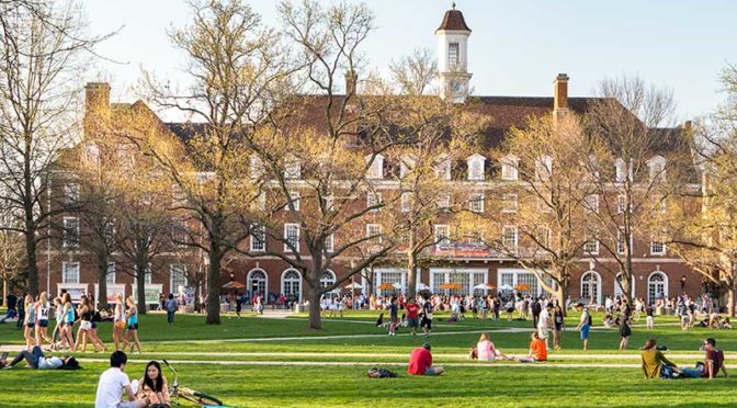 students in a grassy courtyard on a college campus