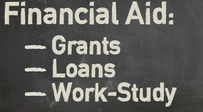 A blackboard with the words Financial Aid, Grants, Loans, and Work-Study
