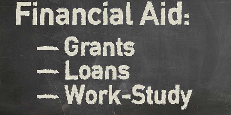 A blackboard with the words Financial Aid, Grants, Loans, and Work-Study